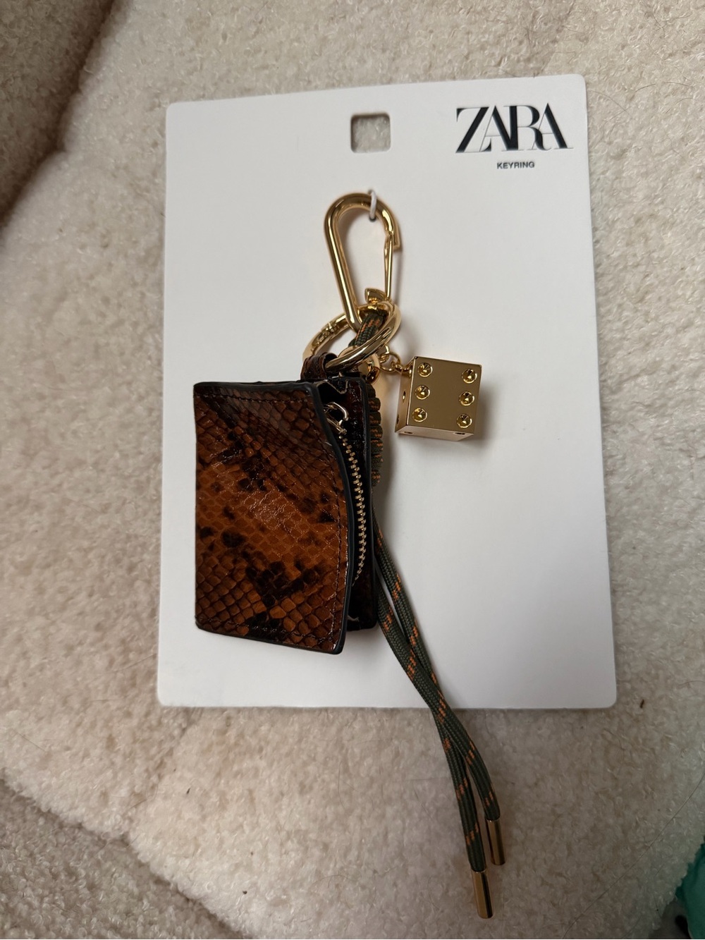 ZARA Brown Snake-Print Keyring with Gold Dice Charm